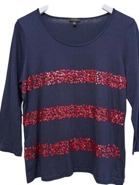 TALBOTS Sequin Hearts Tee Medium Navy Blue 3/4 Sleeve T-shirt Womens Top